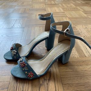 Jessica Simpson denim heels w bead embellishments